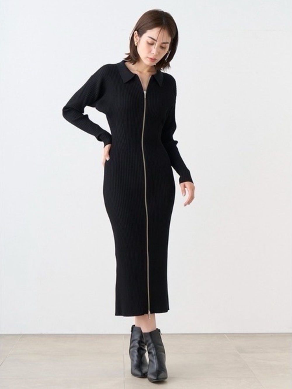 SNIDEL Front Zip Ribbed Knit Maxi Dress Black NWT One Size